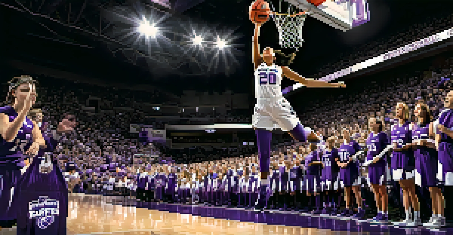 A Kansas State women's basketball player jumping to make a shot, with enthusiastic fans in the background and vibrant stadium lighting.