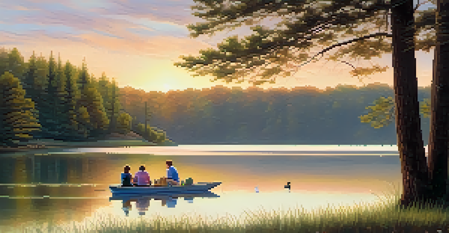 A tranquil sunrise at Perry State Park with a family having a picnic by the lake and ducks swimming in the water.