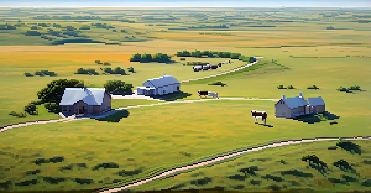 An aerial view of a ranch in the Flint Hills with cattle grazing and a scenic landscape.