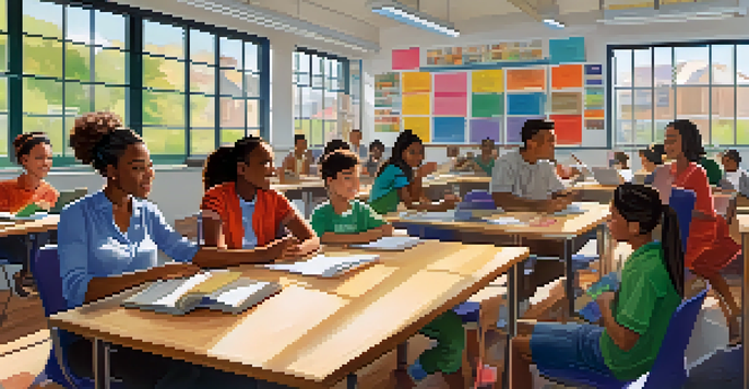 A diverse group of aspiring teachers collaborating in a brightly lit classroom workshop.