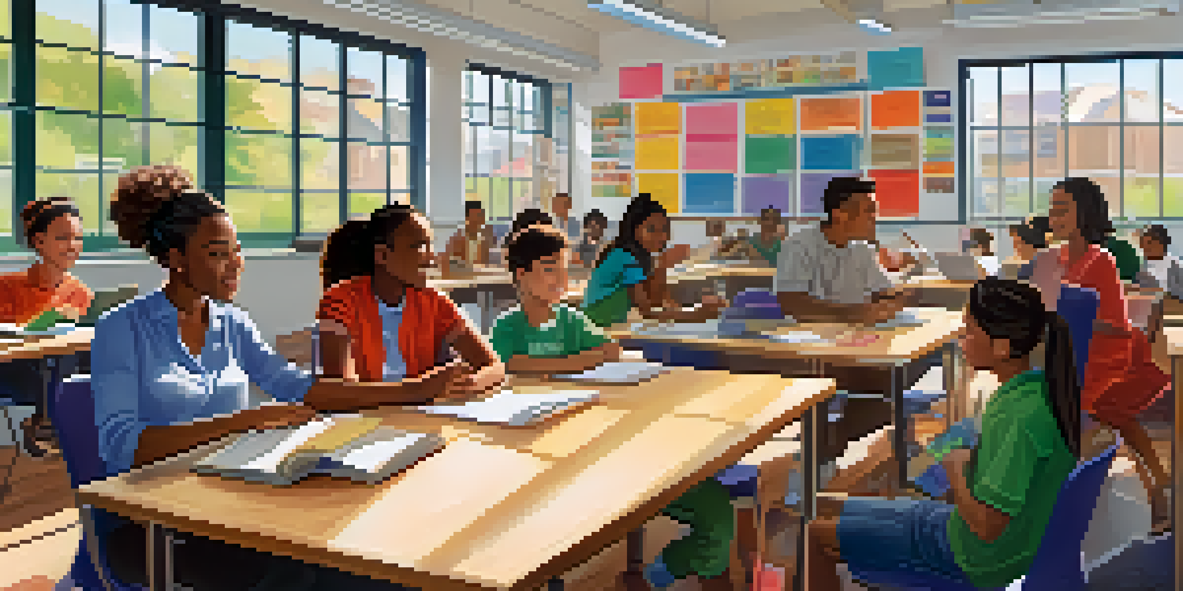 A diverse group of aspiring teachers collaborating in a brightly lit classroom workshop.