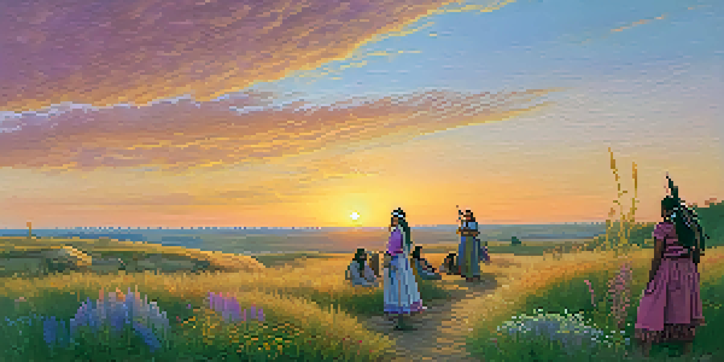 A peaceful prairie scene in Kansas at sunset with Native American women gathering herbs and earth lodges in the background.