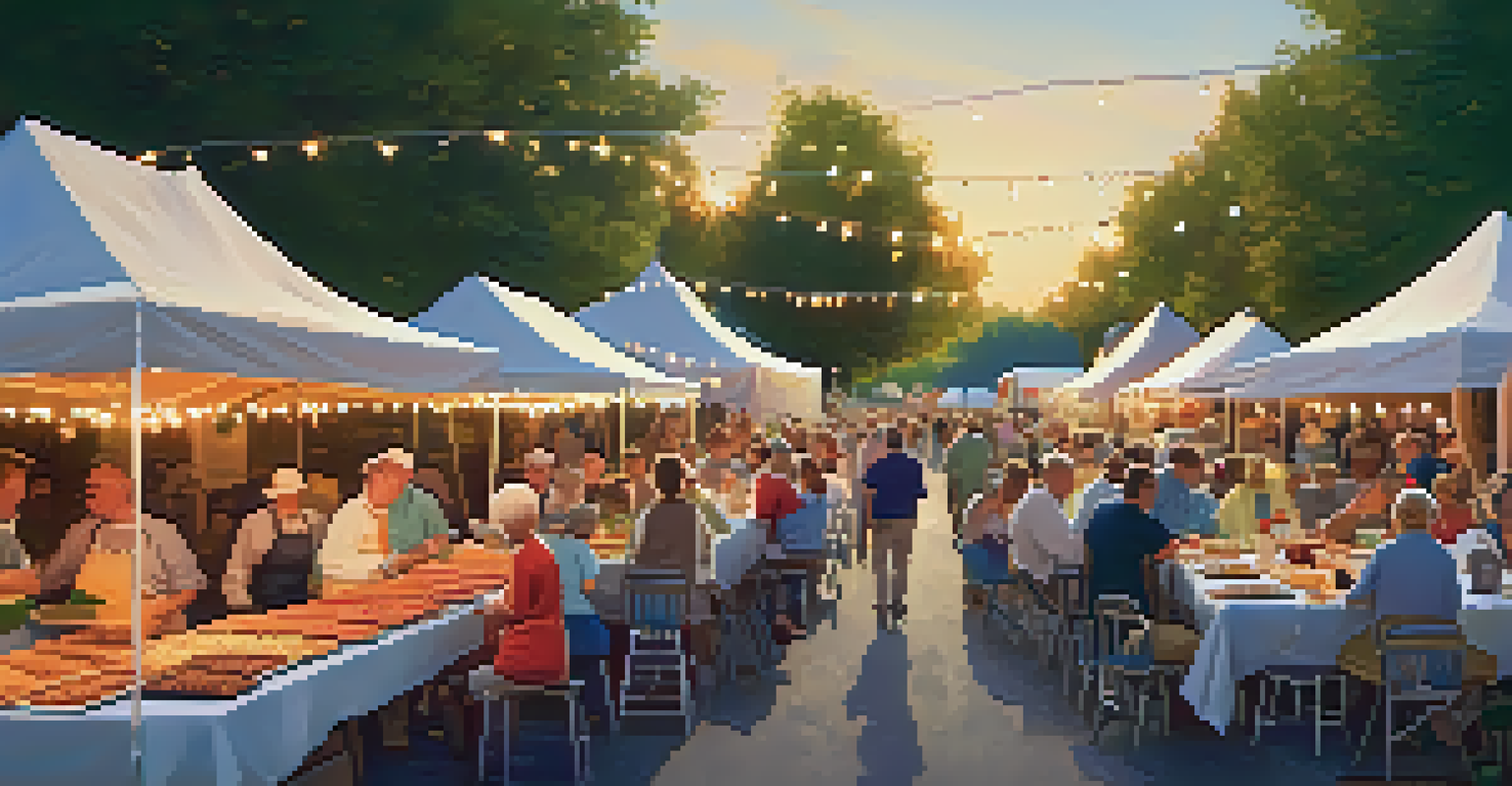 A vibrant culinary festival in Kansas with a long table of traditional dishes, attendees sampling food, and colorful decorations creating a warm atmosphere during golden hour.