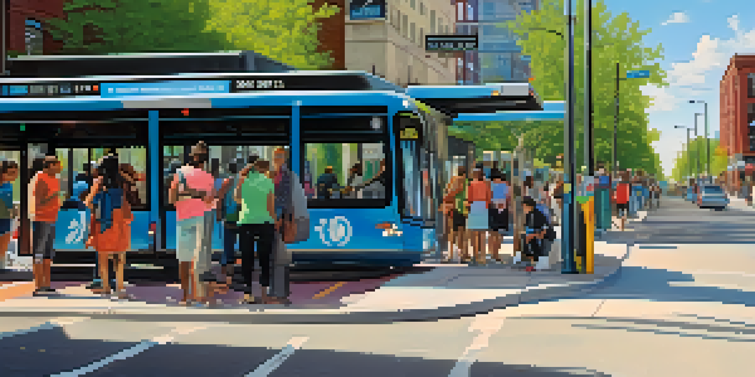A busy Kansas City bus stop with digital screens showing transit updates, diverse people waiting, bike lanes, street art, and green trees.