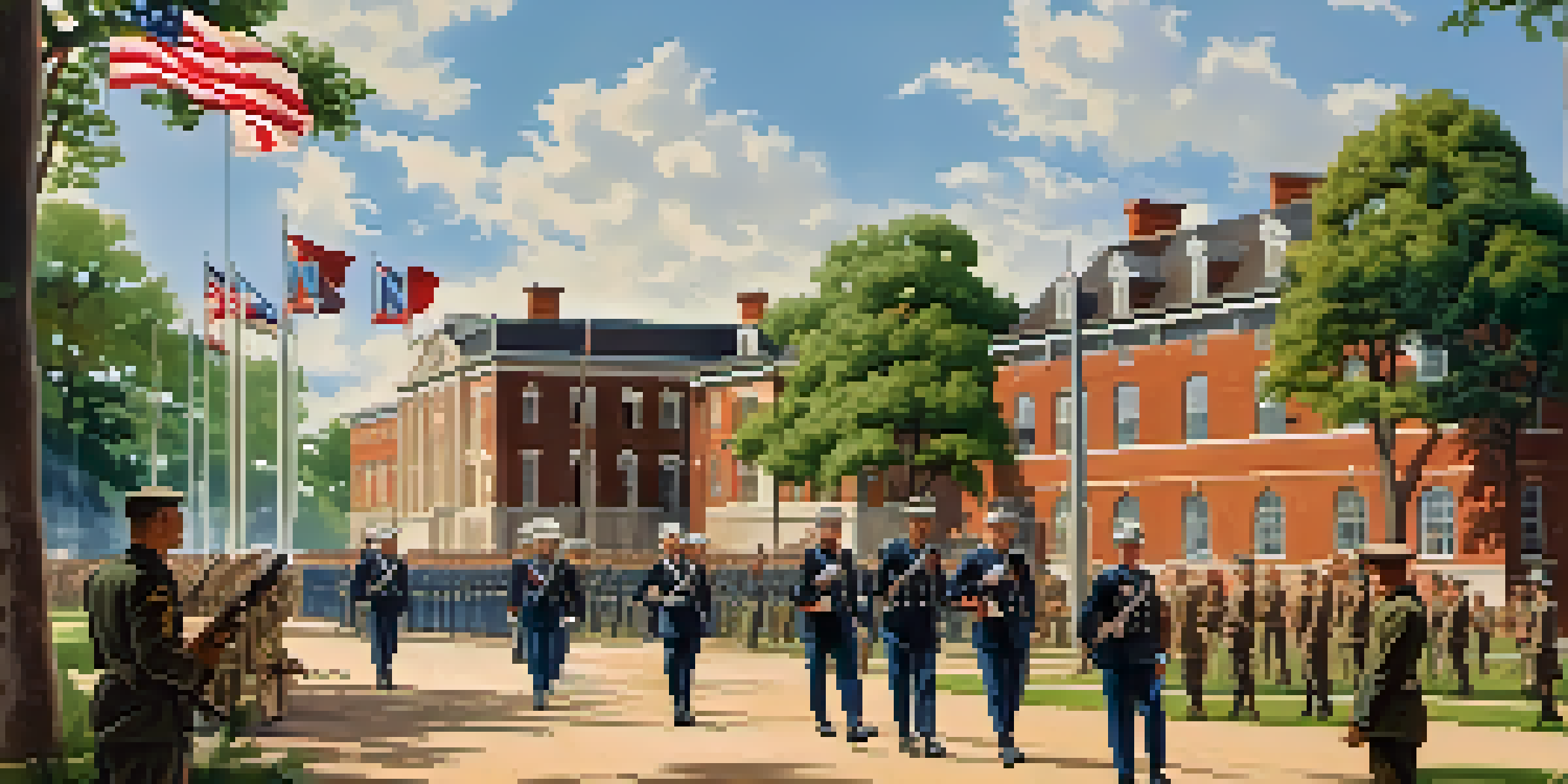 A historical image of Fort Leavenworth during World War II, showing soldiers in training with the fort's architecture in the background and flags waving under warm sunlight.
