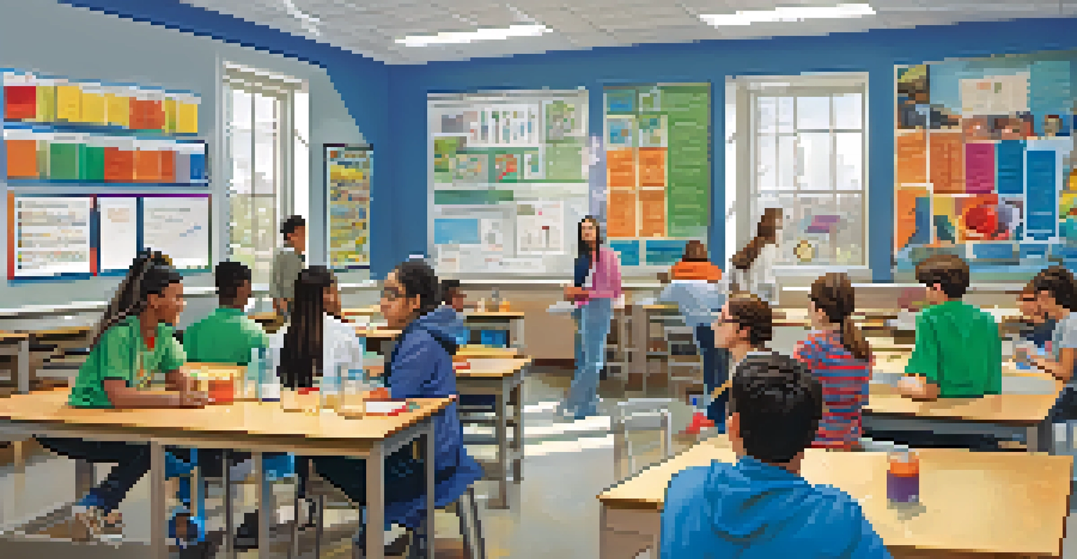 Diverse students in a bright classroom at a Kansas university, engaged in a science experiment with various educational materials.