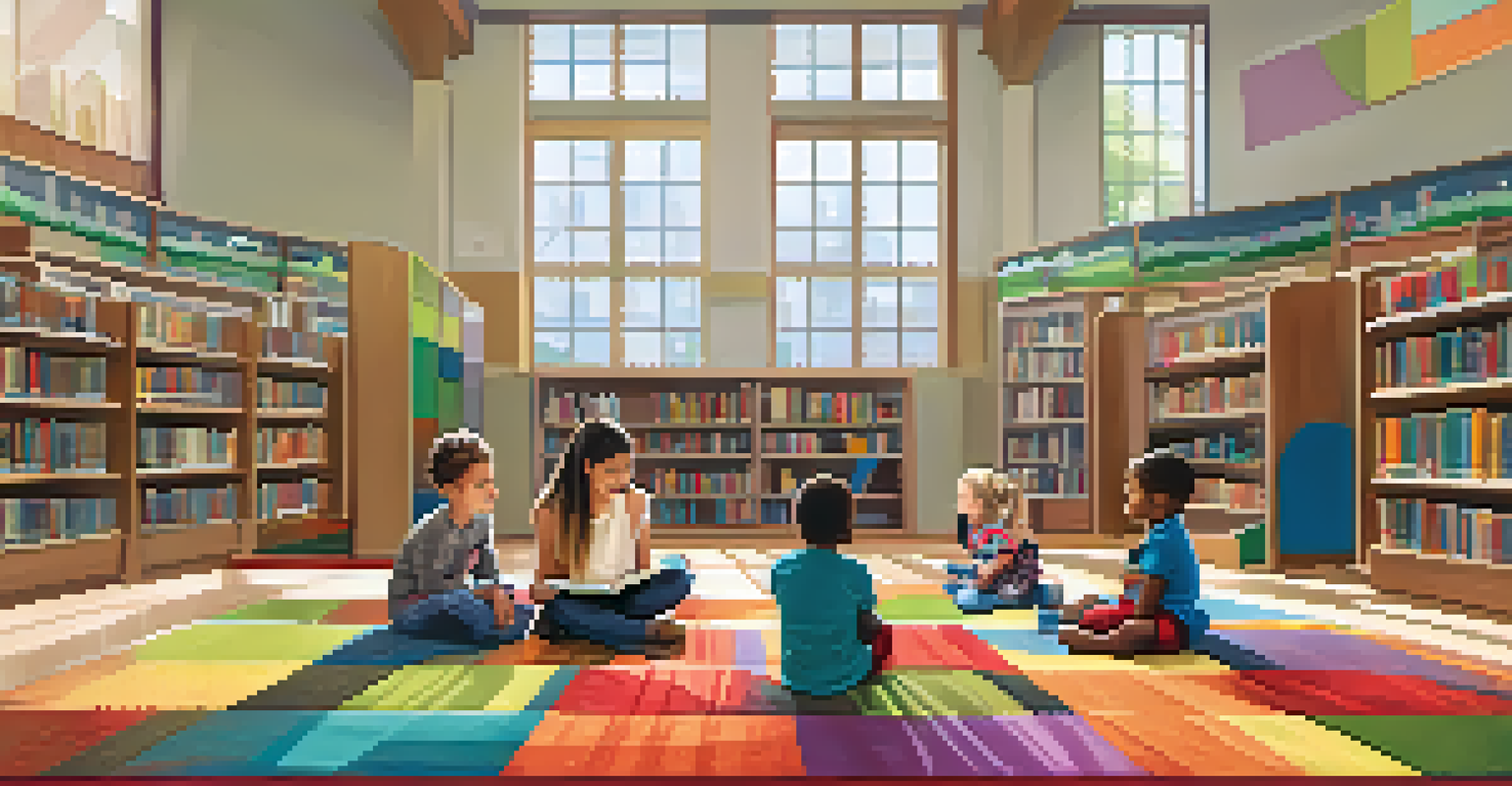 Children enjoying storytime at a library in Brookside, sitting on colorful rugs and listening to a storyteller surrounded by bookshelves.