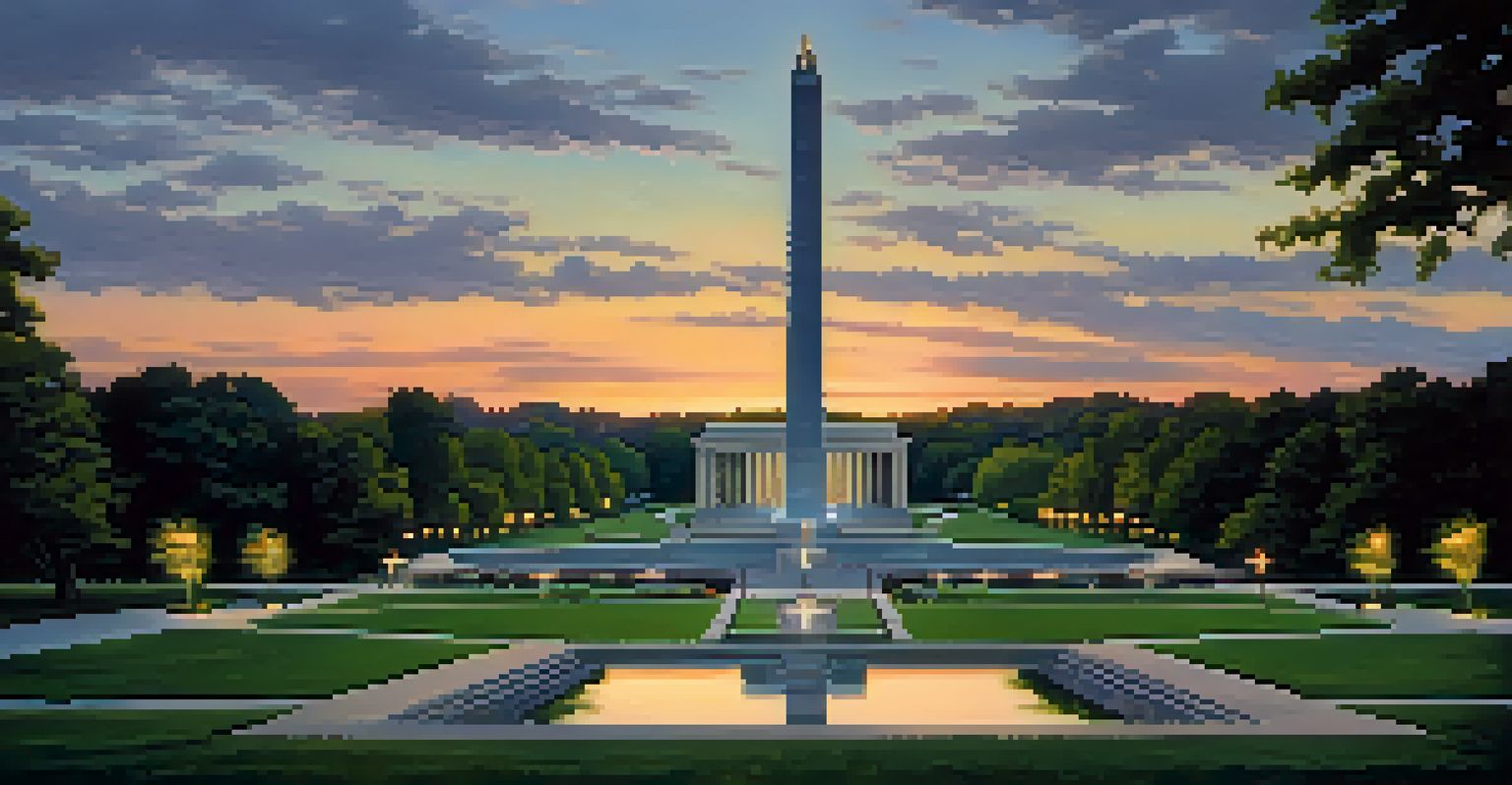 Liberty Memorial glowing softly at dusk, with its tower lit up and visitors in front, set against a serene twilight sky.