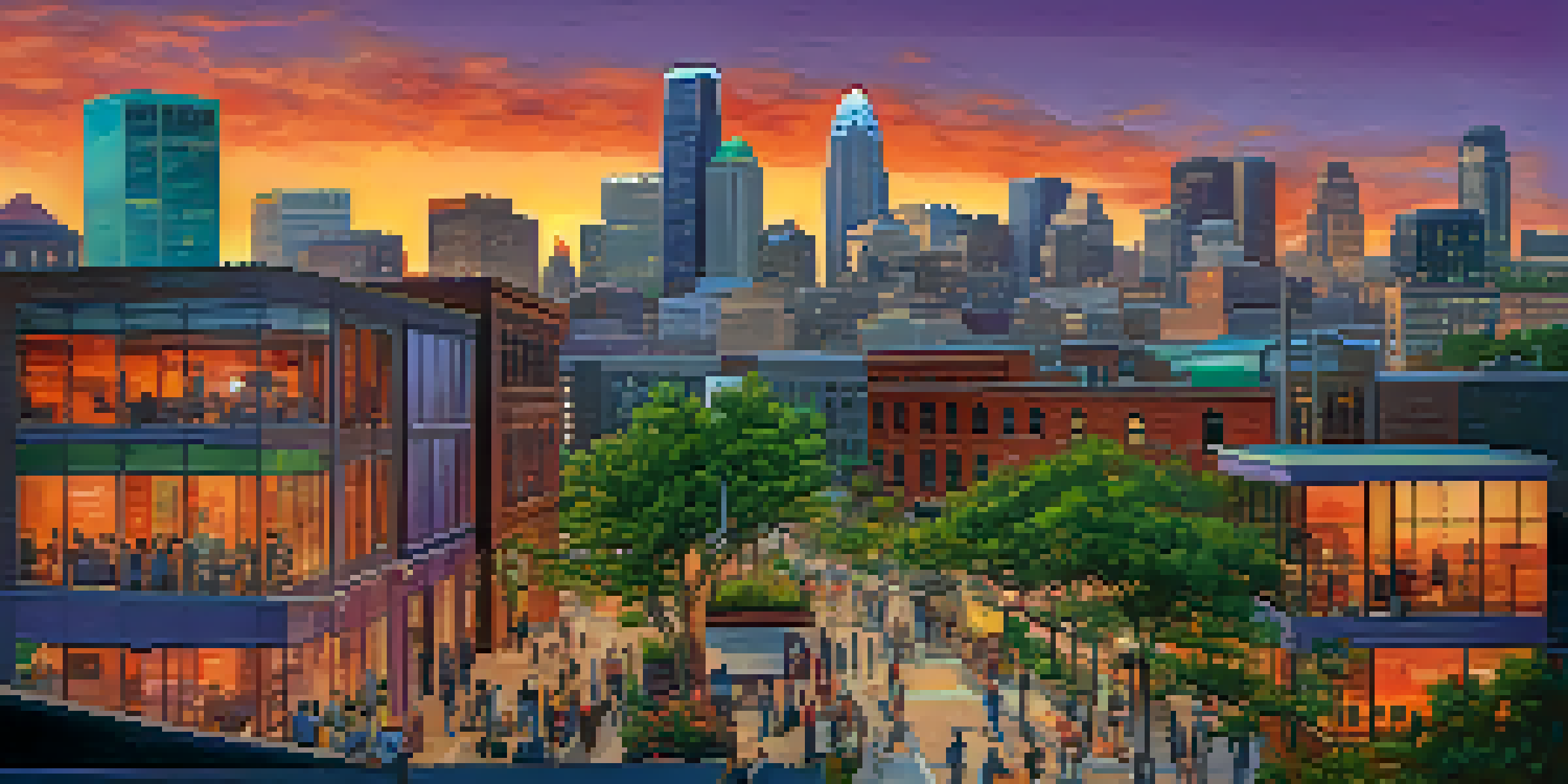 A city skyline of Kansas City during sunset with professionals working together outside a co-working space.