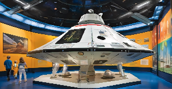 A brightly lit exhibit inside the Kansas Cosmosphere featuring the Apollo 13 command module, with families exploring space displays.
