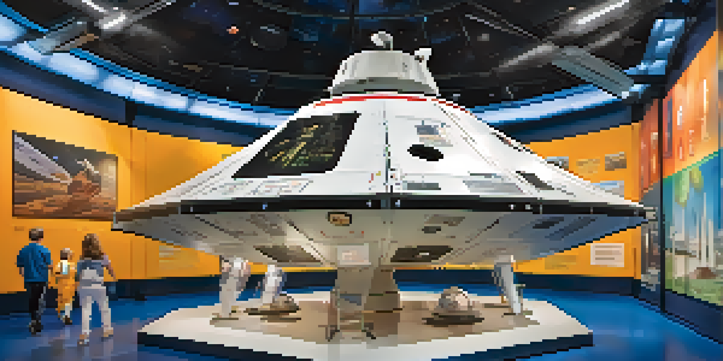 A brightly lit exhibit inside the Kansas Cosmosphere featuring the Apollo 13 command module, with families exploring space displays.