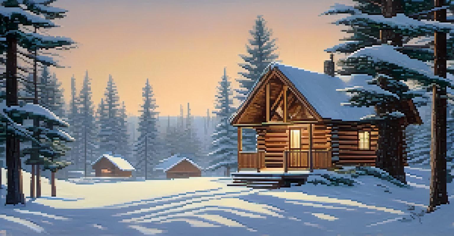 A tranquil winter scene in Kansas with a snow-covered cabin and pine trees.