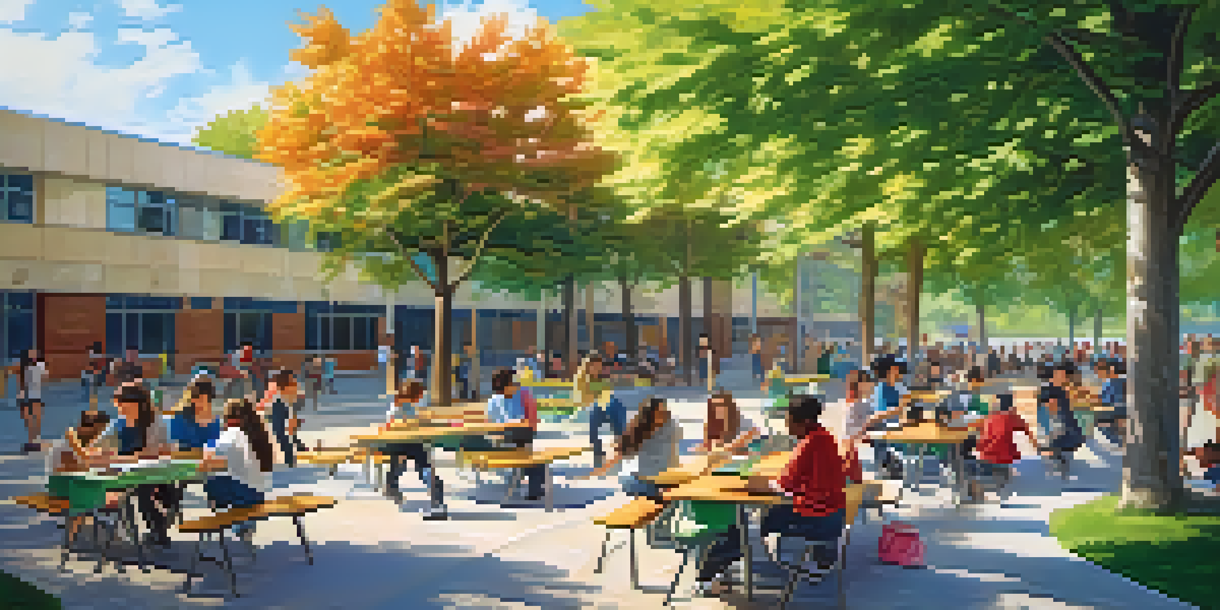 A lively school courtyard with students participating in sports, painting, and collaborating on projects, surrounded by trees and bright sunlight.
