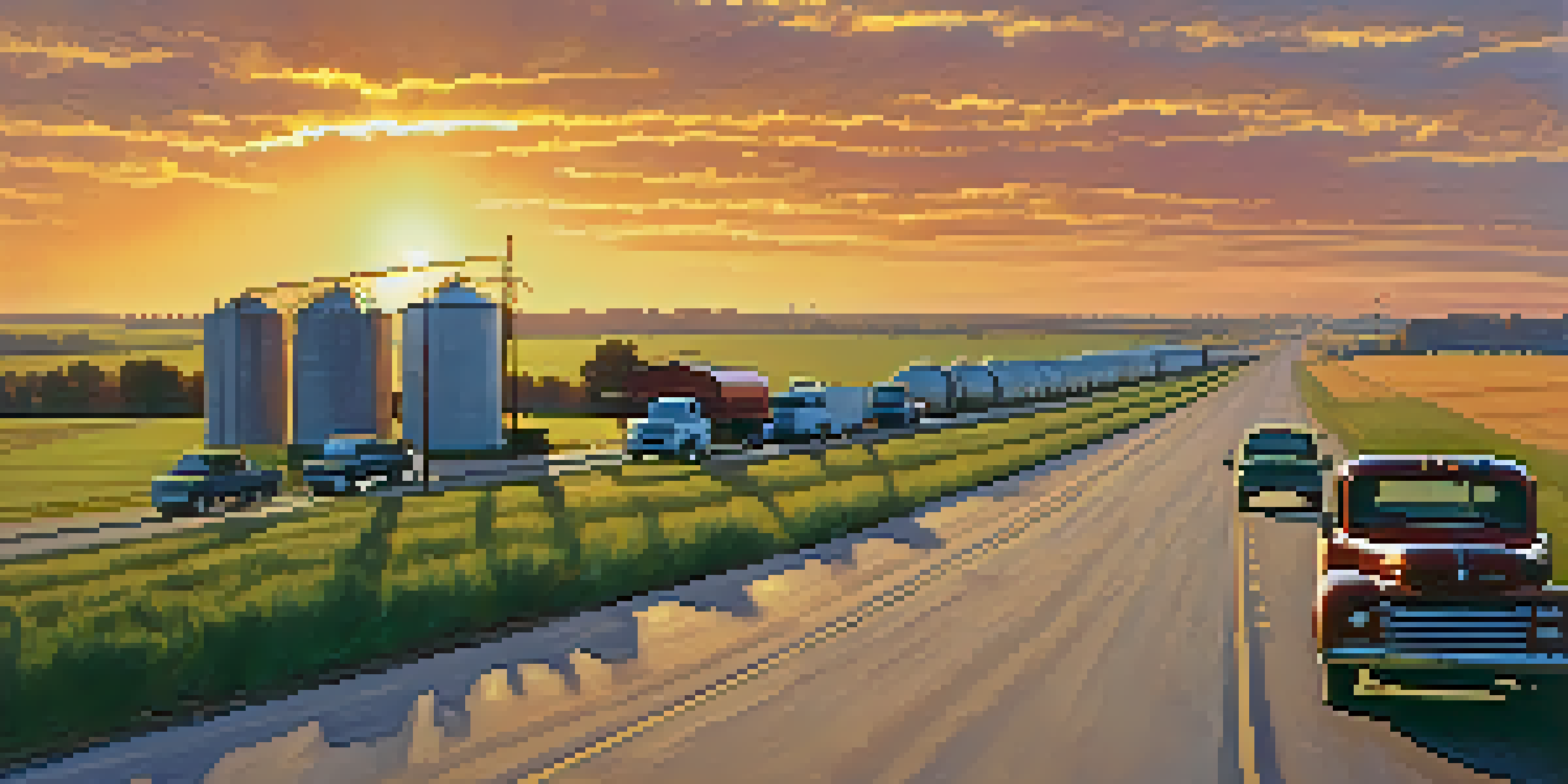 A busy highway in Kansas during sunset with vehicles and green fields surrounding it.