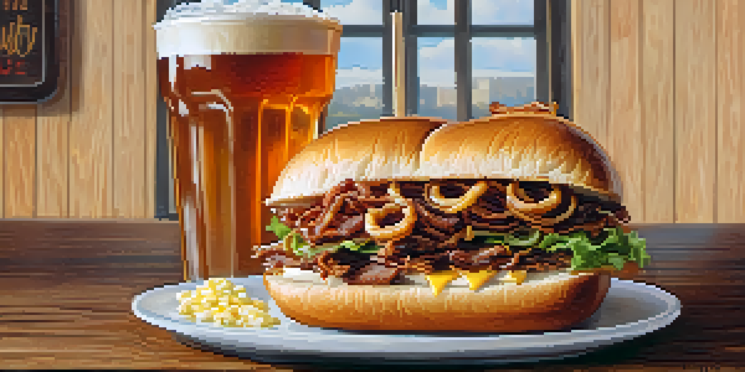 A close-up of a Z-man sandwich with brisket, provolone, and onion rings, accompanied by cheesy corn on a rustic wooden table.