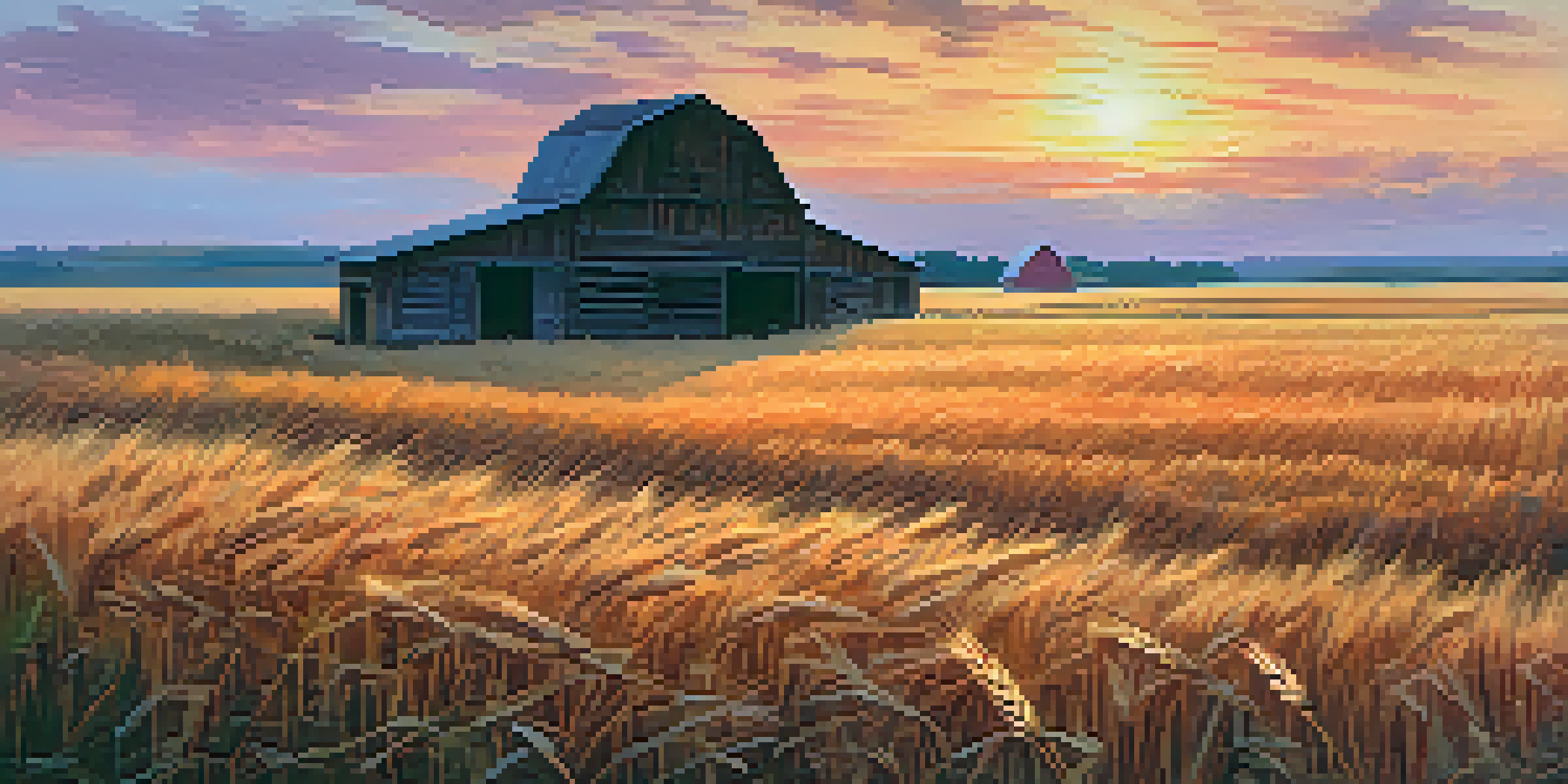 A picturesque sunset over a Kansas field with golden wheat and a rustic barn.