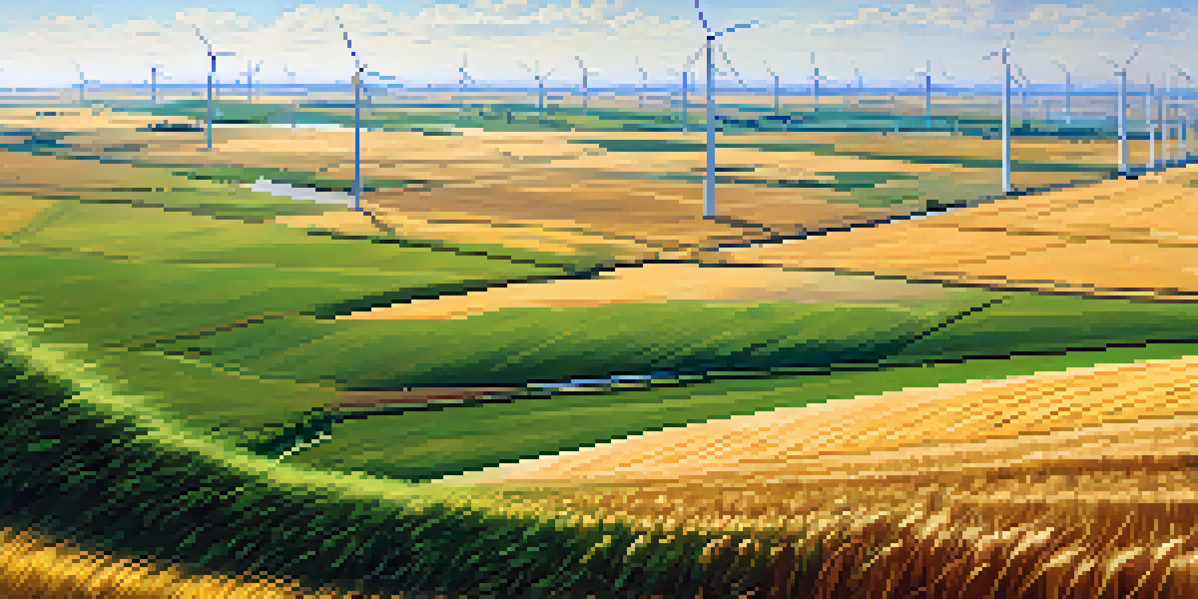 A wide view of a Kansas landscape with wind turbines in a wheat field under a blue sky with clouds.