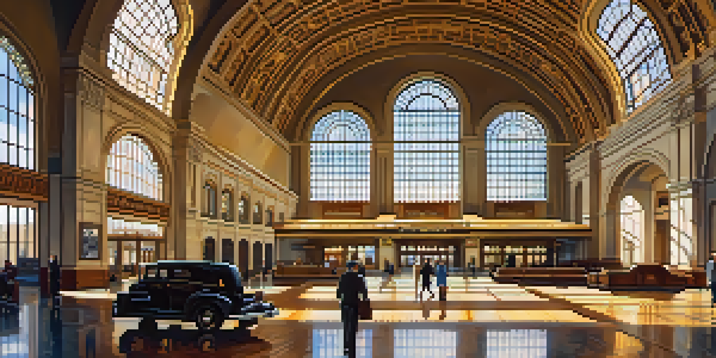 Interior view of Kansas City's Union Station with sunlight illuminating the Beaux-Arts architecture and the central clock.