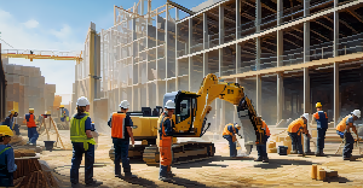 A group of apprentices in safety gear collaborating on a construction site with a building in progress in the background.