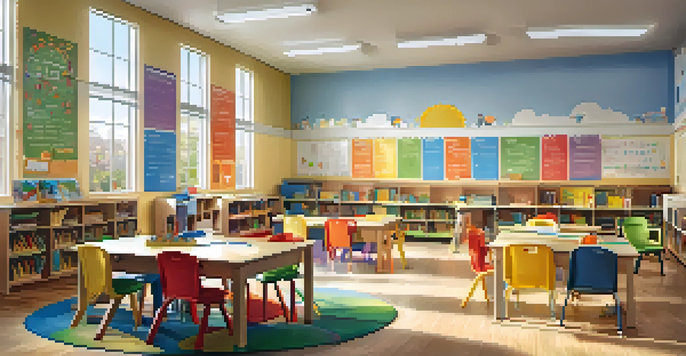 A bright and welcoming special education classroom filled with diverse students and learning materials, under natural sunlight.