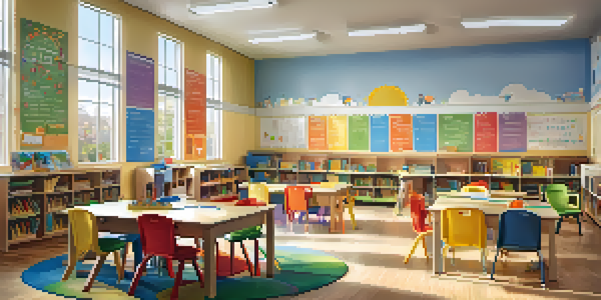 A bright and welcoming special education classroom filled with diverse students and learning materials, under natural sunlight.