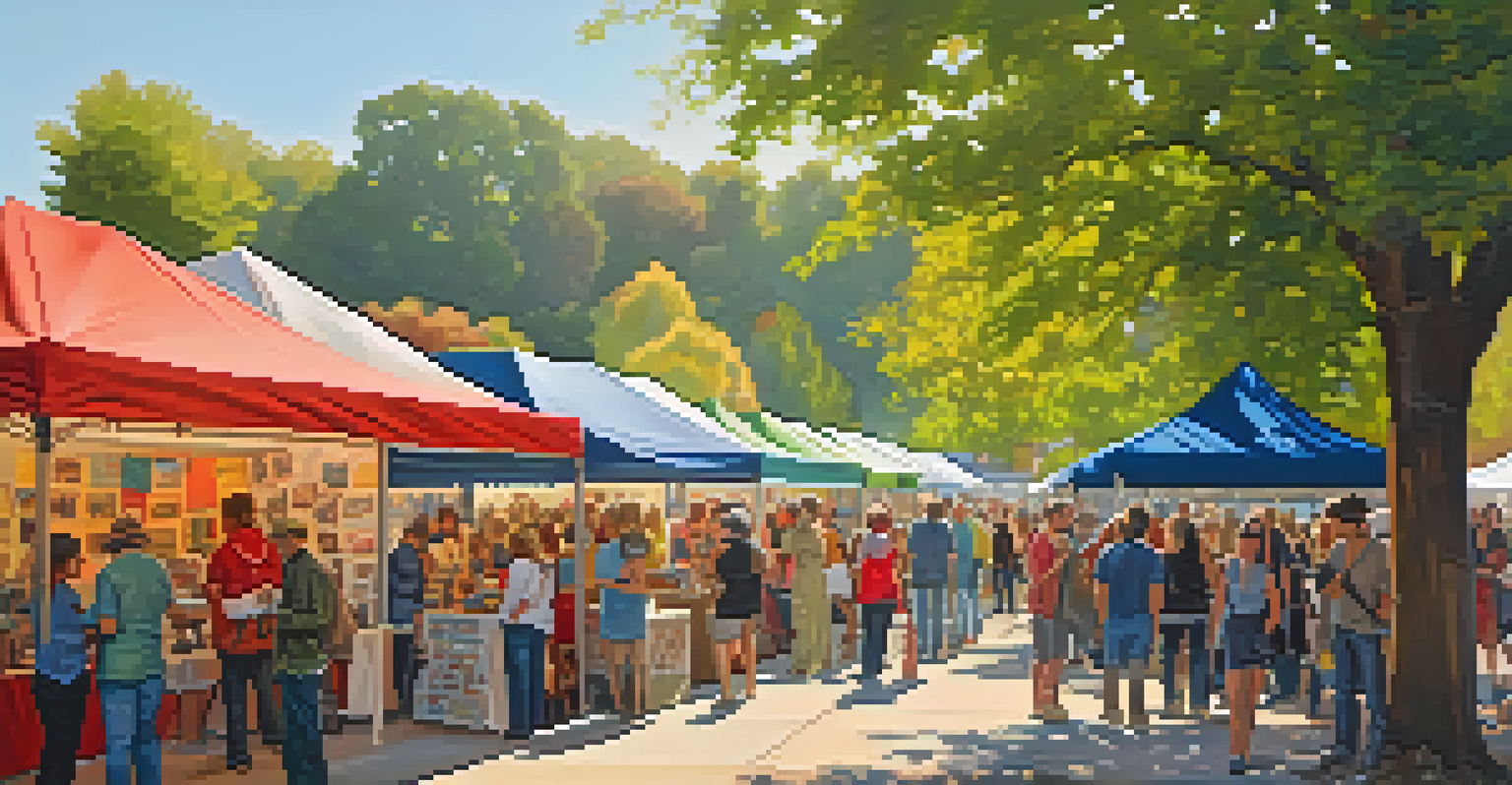 An energetic Kansas art fair featuring local artists and colorful booths, with attendees engaging with the artwork and enjoying live music under soft sunlight.
