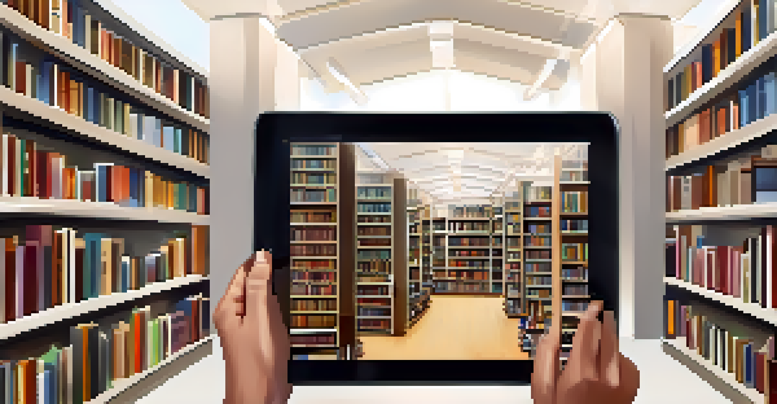 A tablet displaying an elegant digital library interface with various e-books and audiobooks, set in a modern library.