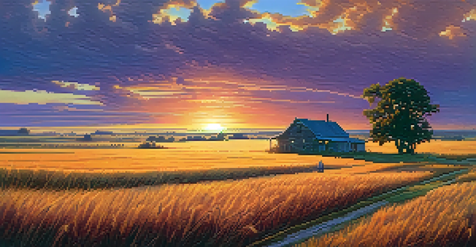 A sunset view of the Kansas Great Plains, showing golden wheat fields, a farmhouse, and grazing deer under a colorful sky.