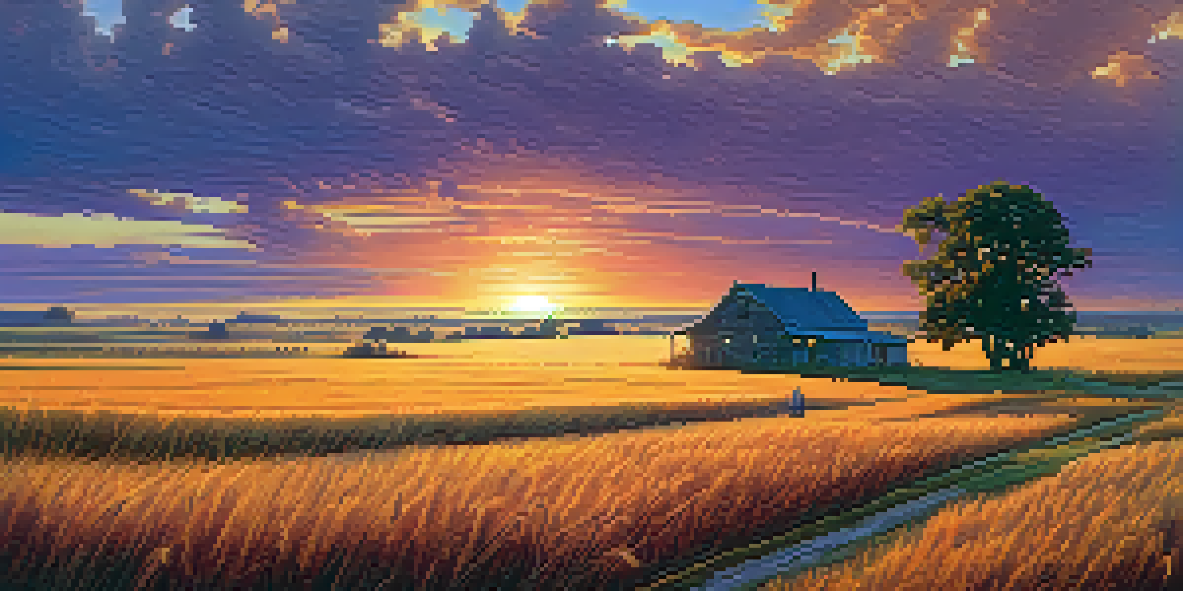 A sunset view of the Kansas Great Plains, showing golden wheat fields, a farmhouse, and grazing deer under a colorful sky.