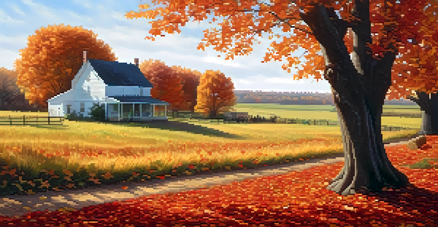 An autumn landscape in Kansas with colorful trees and a farmhouse surrounded by cornfields.