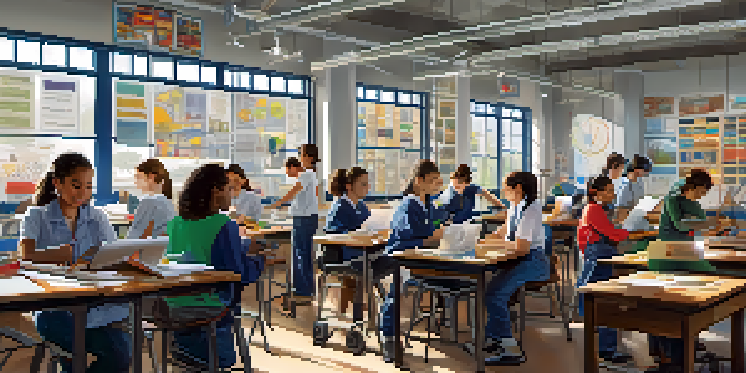 A lively classroom with students of different backgrounds participating in technical education, working on computers and projects, with educational posters on the walls.