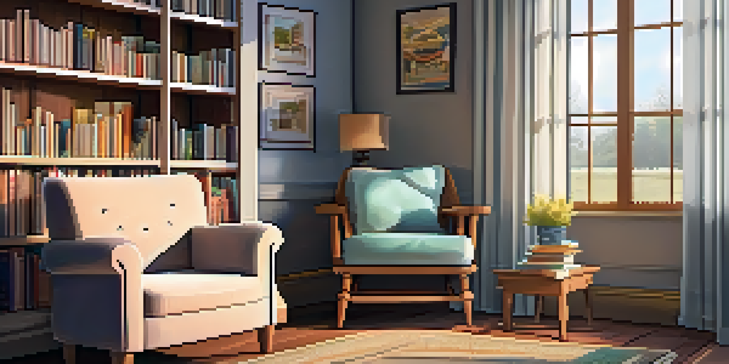 A warm and inviting reading nook with a comfortable armchair, a cup of tea, and bookshelves filled with books.