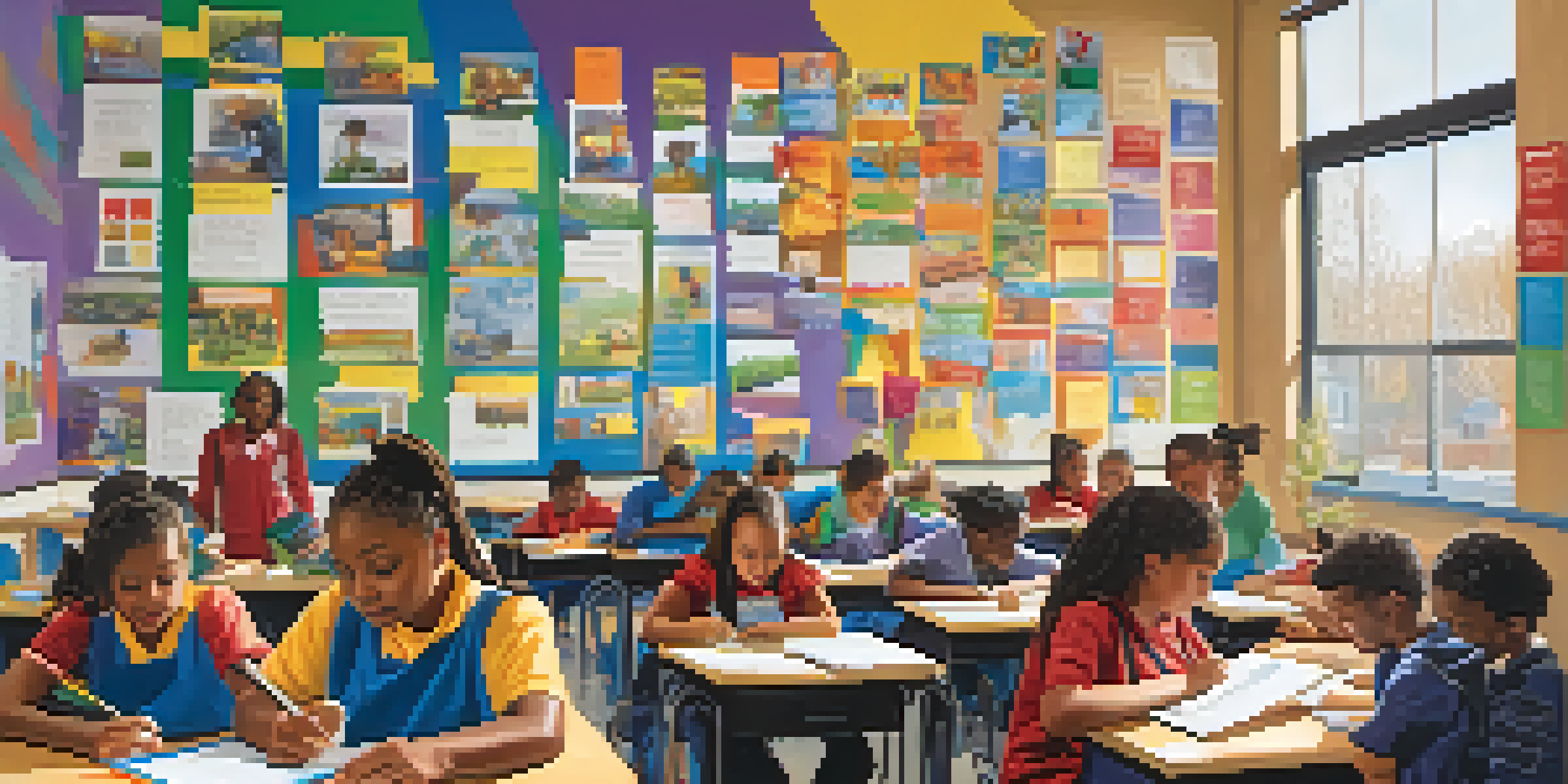 A colorful classroom with diverse students collaborating on a project, surrounded by educational posters and natural light.