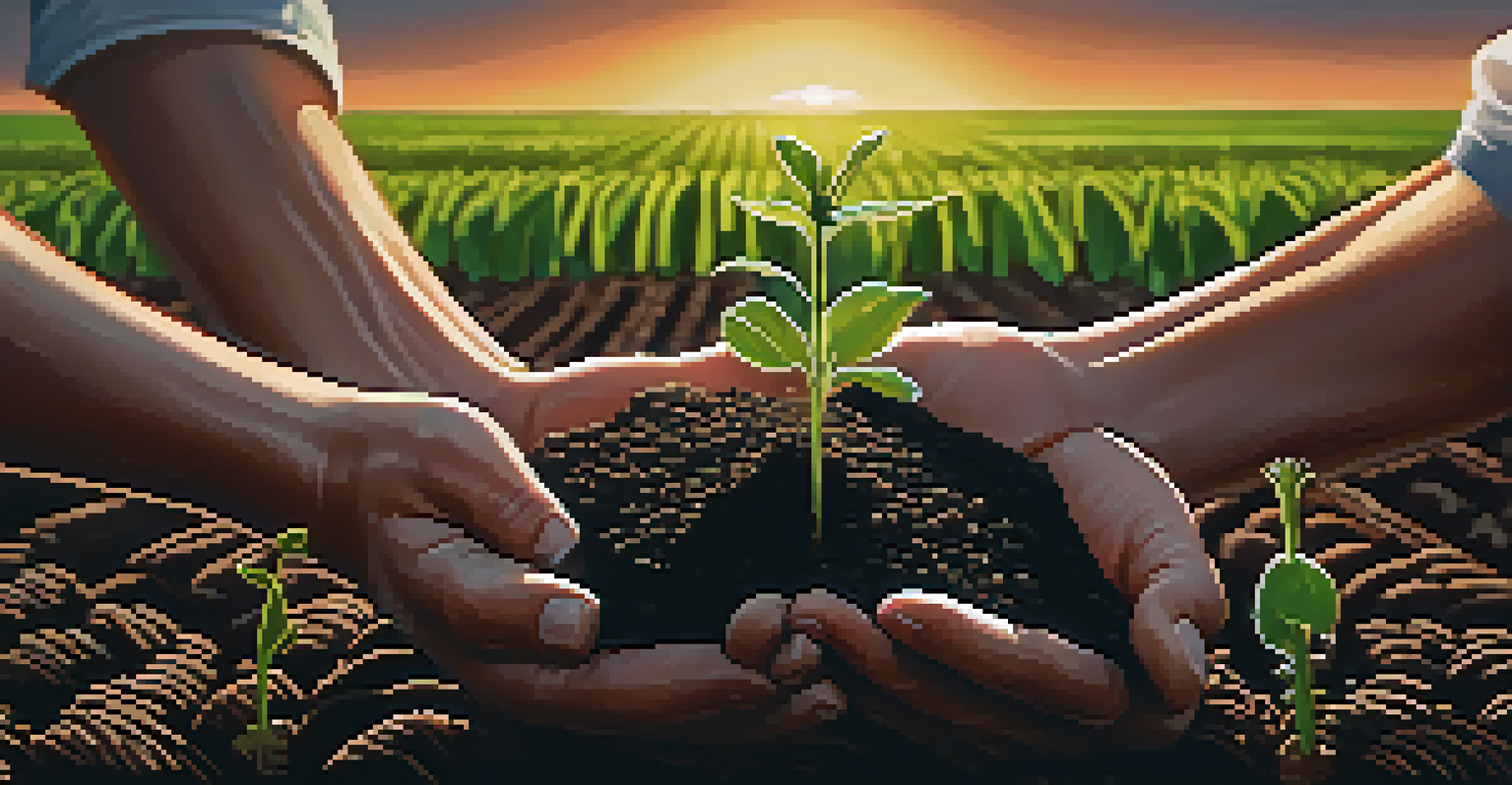 A close-up of a farmer's hands holding dark soil with seedlings, set against a blurred field of crops.