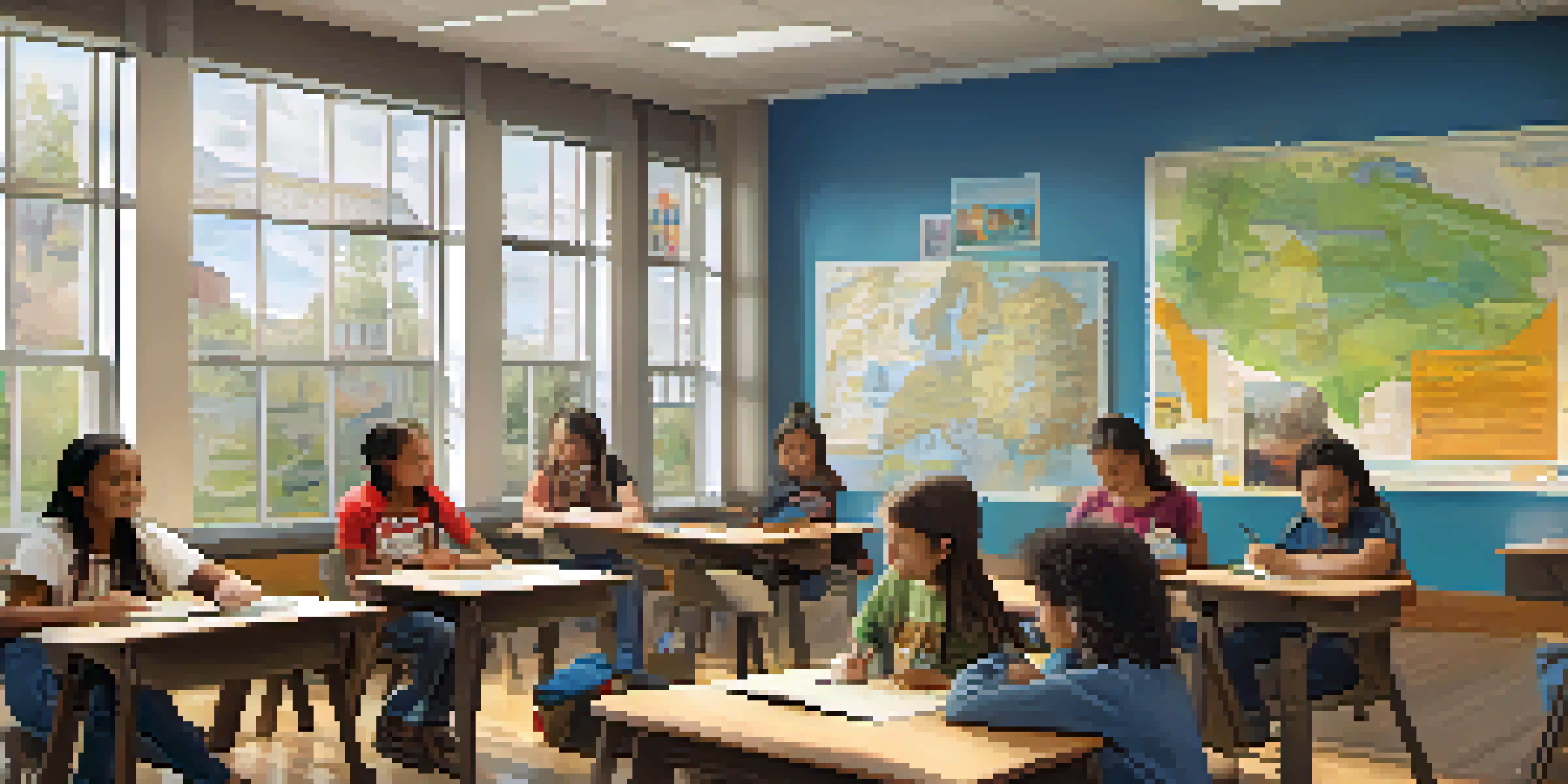 A classroom filled with students of various backgrounds working together on Native American history projects, surrounded by colorful educational materials.