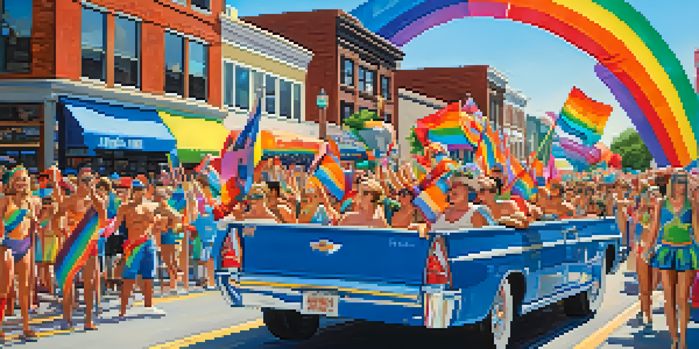 A lively parade at Kansas City PrideFest with colorful floats and participants in bright costumes, surrounded by cheering crowds under a sunny blue sky.