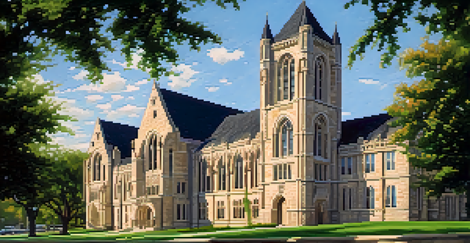 A beautiful view of Anderson Hall at Kansas State University with Gothic architecture, surrounded by lush green trees and a clear blue sky.
