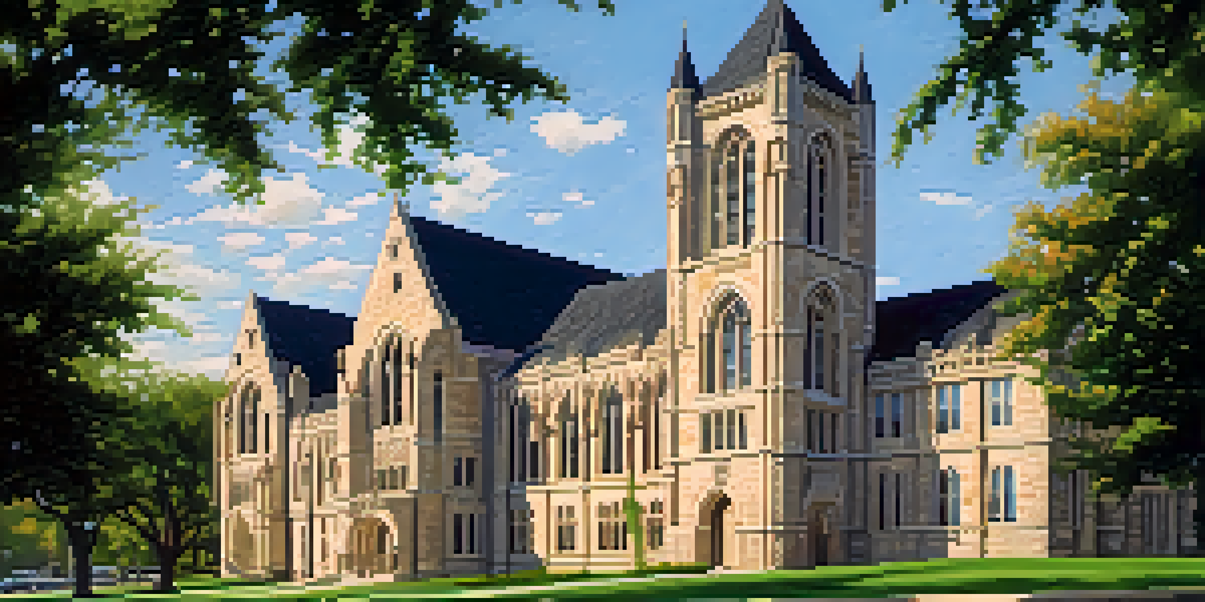 A beautiful view of Anderson Hall at Kansas State University with Gothic architecture, surrounded by lush green trees and a clear blue sky.
