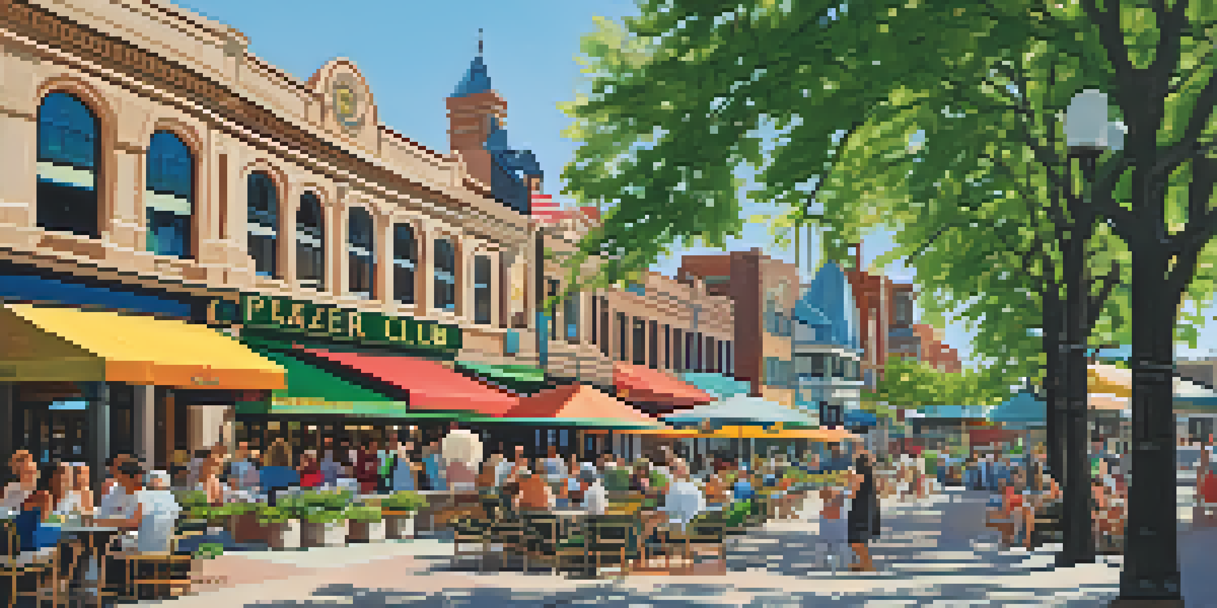 A lively street in Kansas City with colorful shops and outdoor dining, surrounded by trees and fountains under a clear sky.