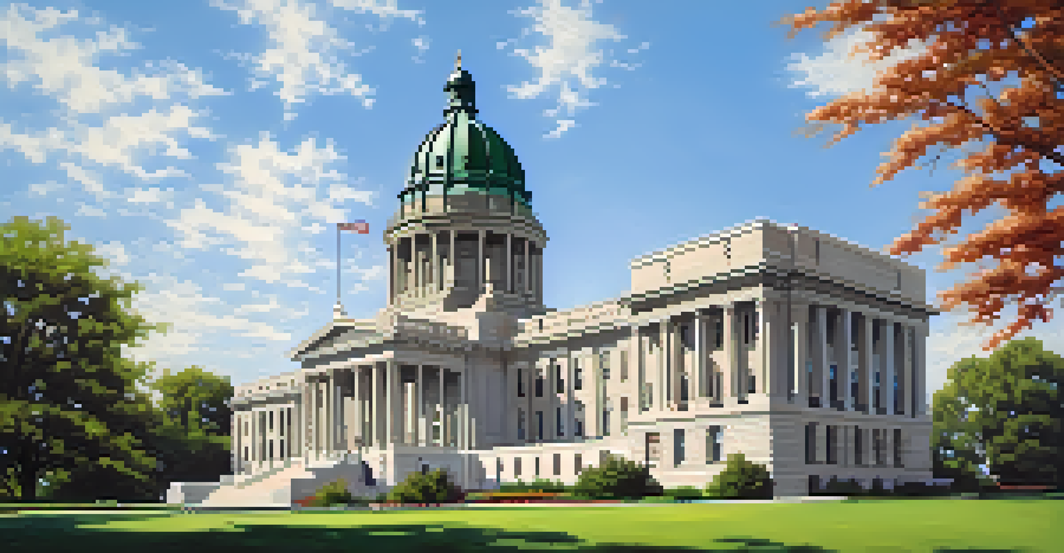The Kansas State Capitol building with a prominent dome and surrounding gardens in Topeka.
