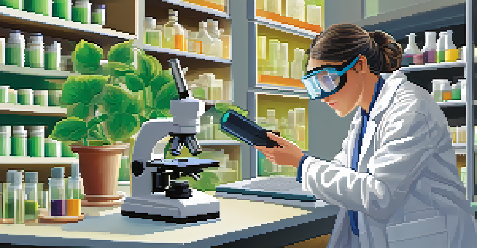 Researcher in a lab examining plant samples under a microscope.