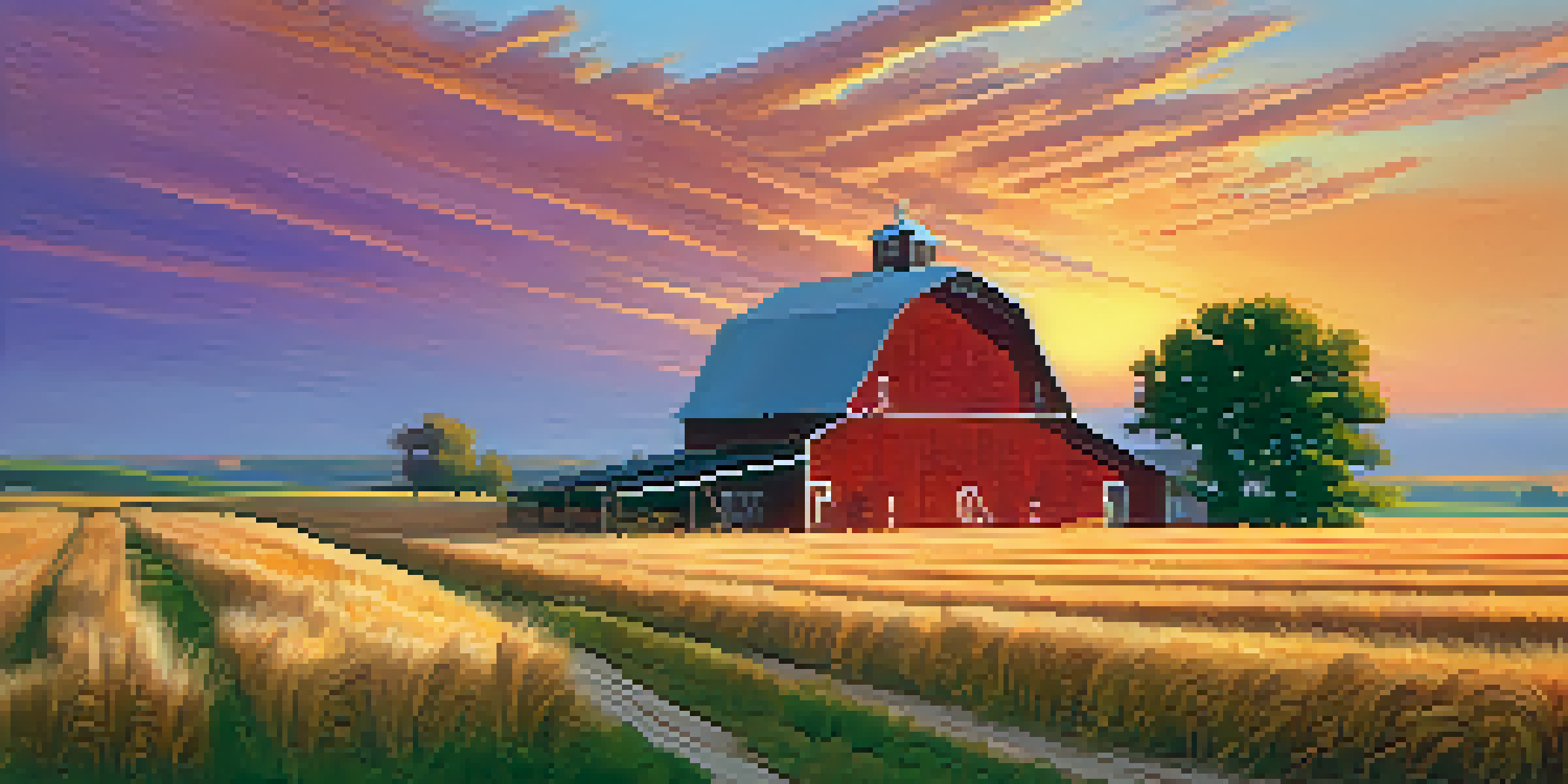 A beautiful Kansas landscape with golden wheat fields, a red barn, and grazing cattle under a colorful sunset sky.