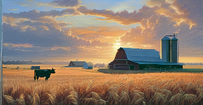 A peaceful Kansas farm at sunrise, with golden wheat fields and a rustic barn, under a sky of orange and pink hues.