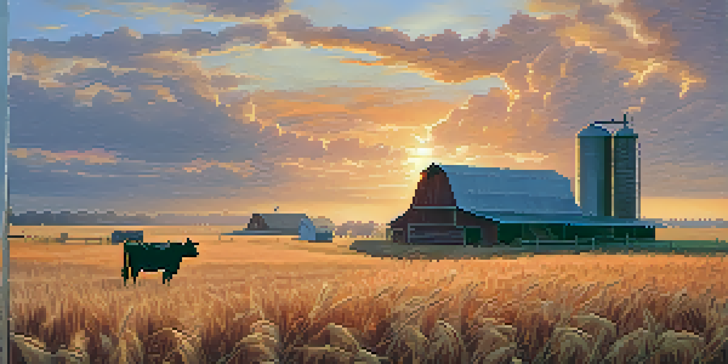 A peaceful Kansas farm at sunrise, with golden wheat fields and a rustic barn, under a sky of orange and pink hues.