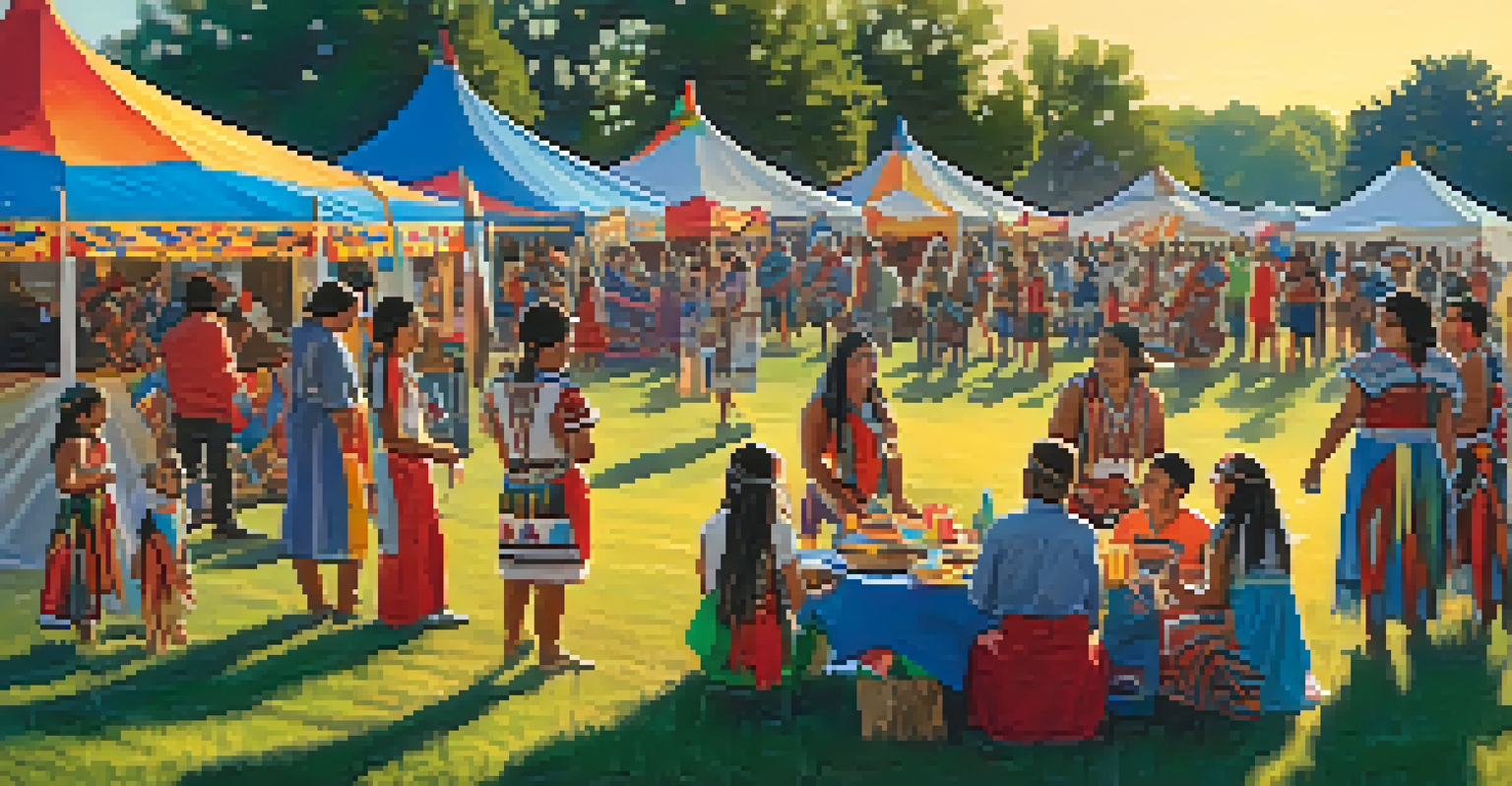 A lively Native American cultural event in a Kansas park, featuring traditional clothing, dancing, and families enjoying the festivities.