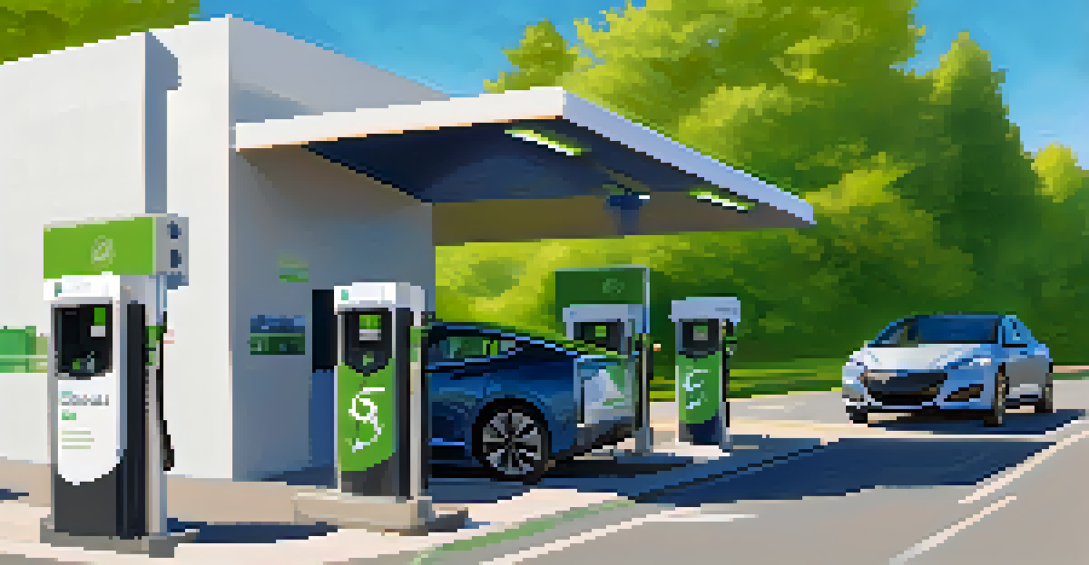 An electric vehicle charging station in Kansas City with green surroundings and two cars charging, highlighting sustainable transportation.