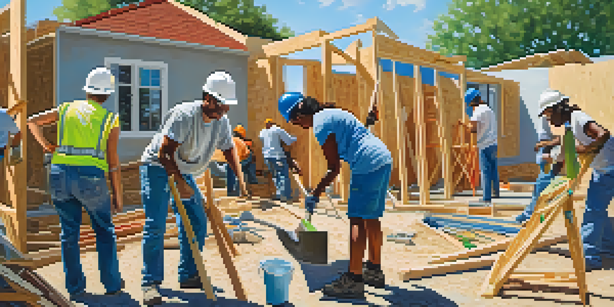 Volunteers from diverse backgrounds working together on a Habitat for Humanity construction site, painting and building homes on a sunny day.