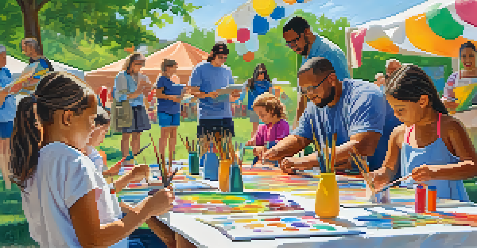 A diverse group of people participating in an art workshop at a Kansas cultural festival, showcasing vibrant colors, art supplies, and completed artworks in a lively and creative environment.