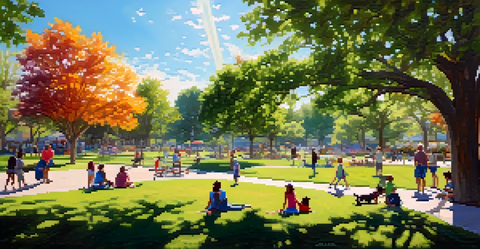 A lively urban park in Wichita with families, children, and pets enjoying the greenery under a sunny sky.