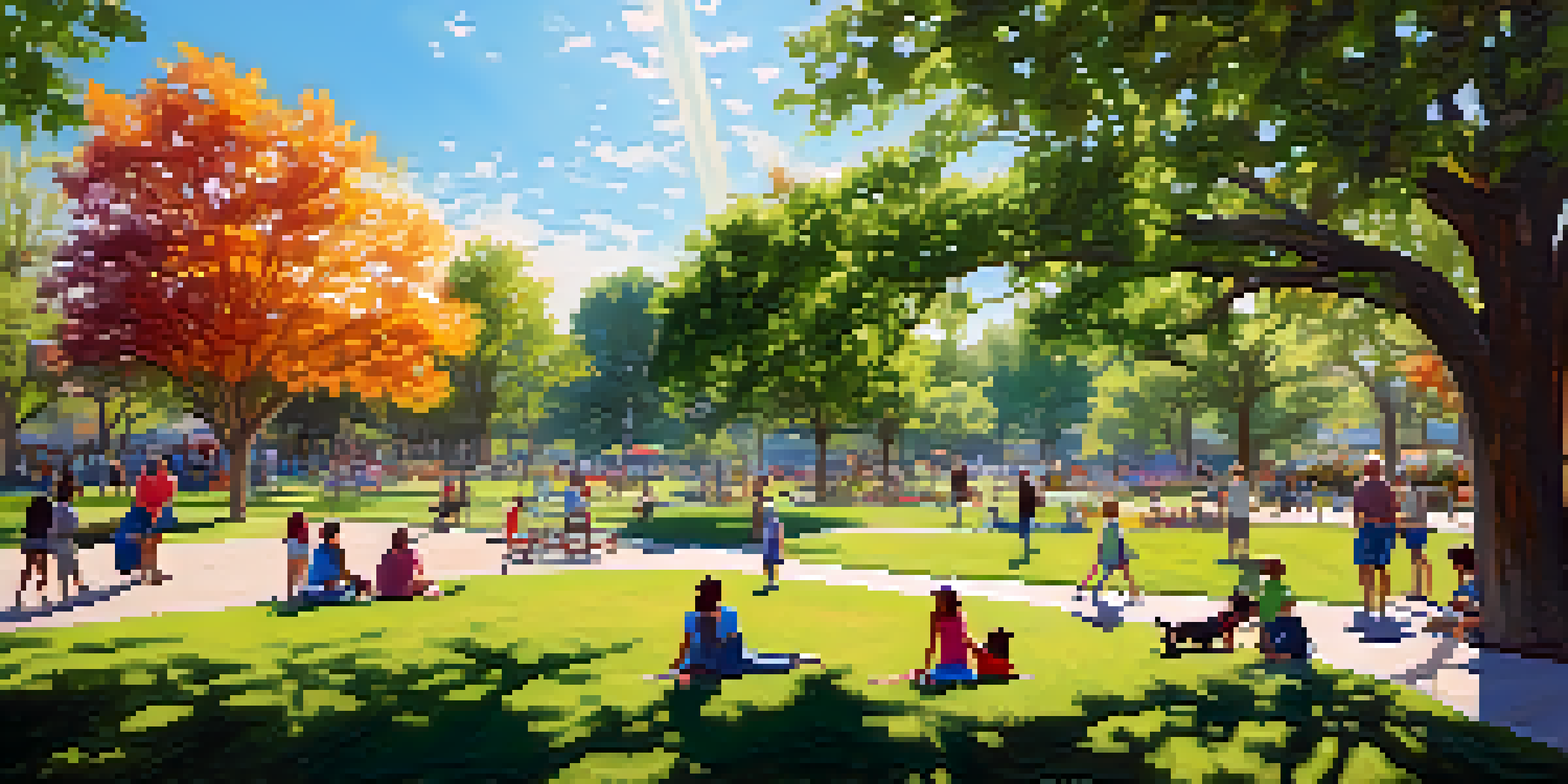 A lively urban park in Wichita with families, children, and pets enjoying the greenery under a sunny sky.